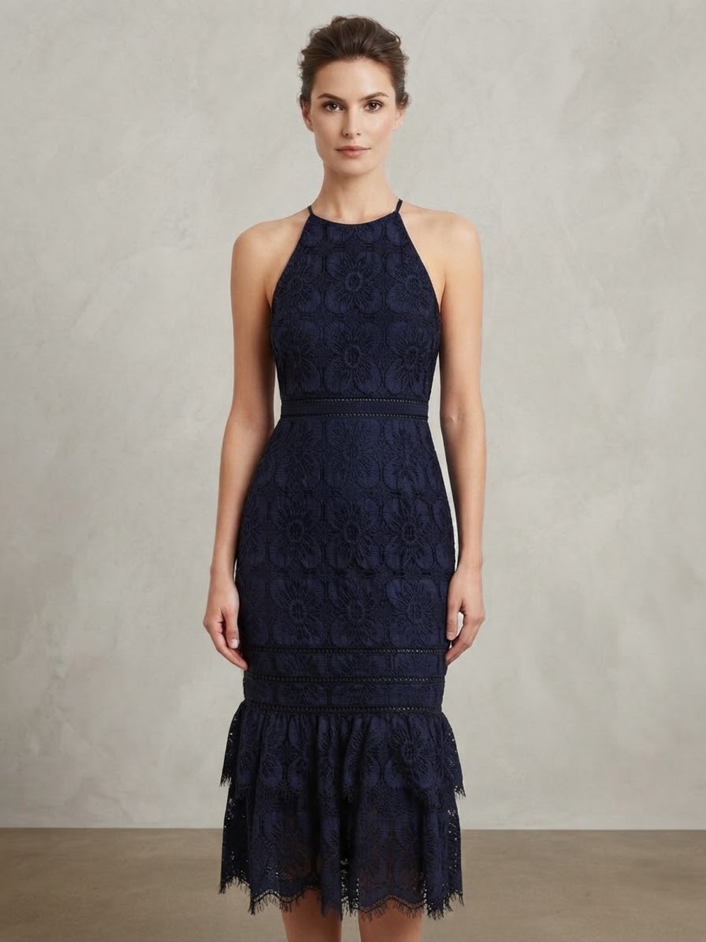 Banana Republic Lace Halter Midi Dress Purple Black Ruffle Cocktail Wedding Sz 6